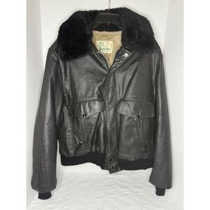 Vintage Gino Leathers Black Bomber Jacket Faux Fur Collar Made in USA Size 44
